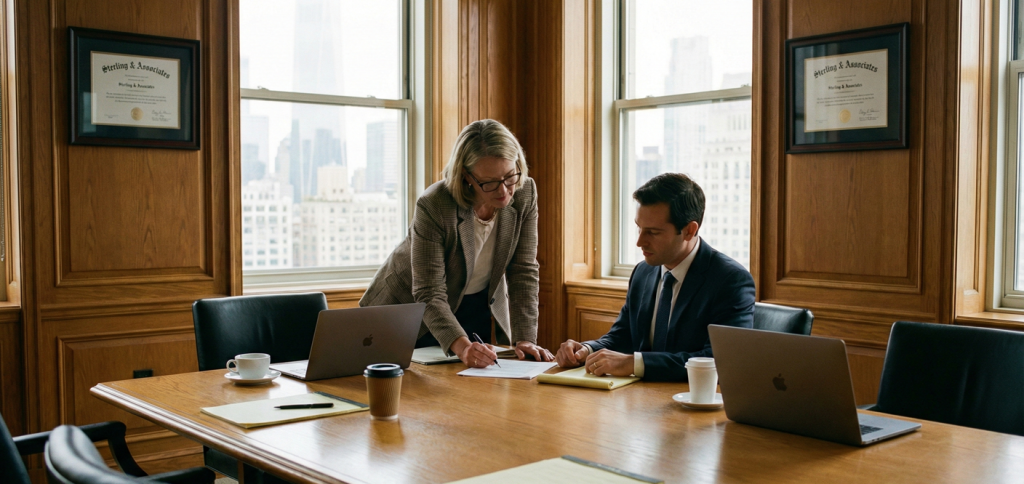 Attorney meeting with client in the law firm's conference room
