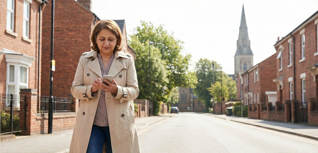 Lady walking down the street looking at her phone for directions Lady walking down the street looking at her phone for directions.